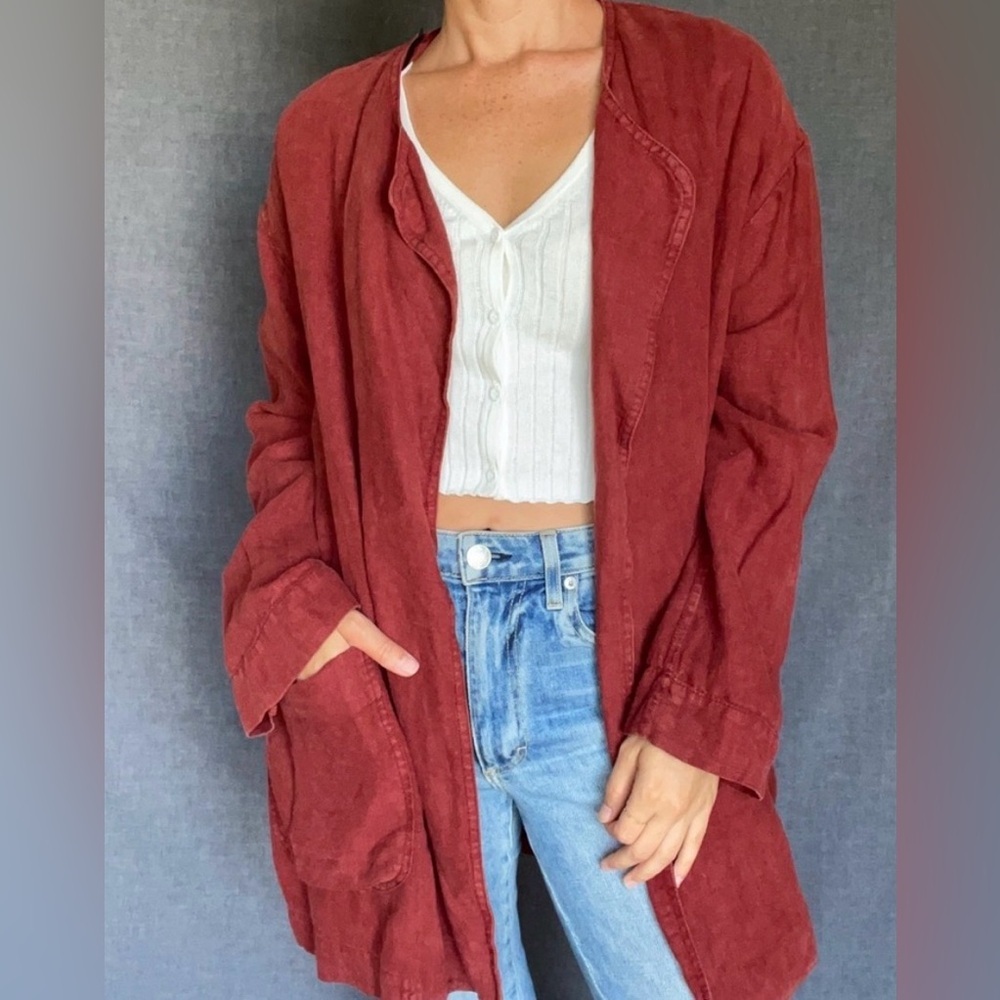 Zara Burnt Red 100% Linen Oversized Jacket / Cardigan Sz XS 4043052